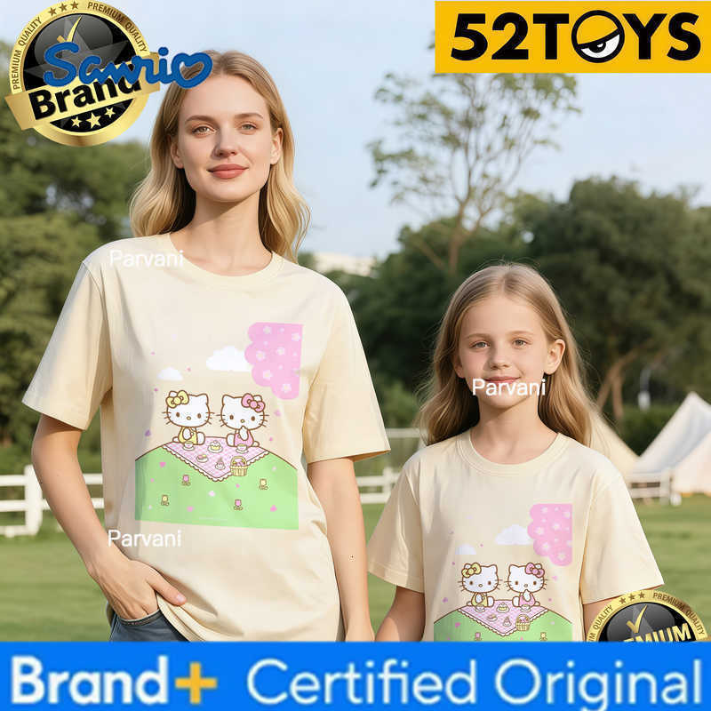 Sanrio 2026 Autumn-Winter Trending Hello Kitty Picnic Print 100 Cotton Parent-Child T-Shirts High Quality Loose Casual Breathable H260302
