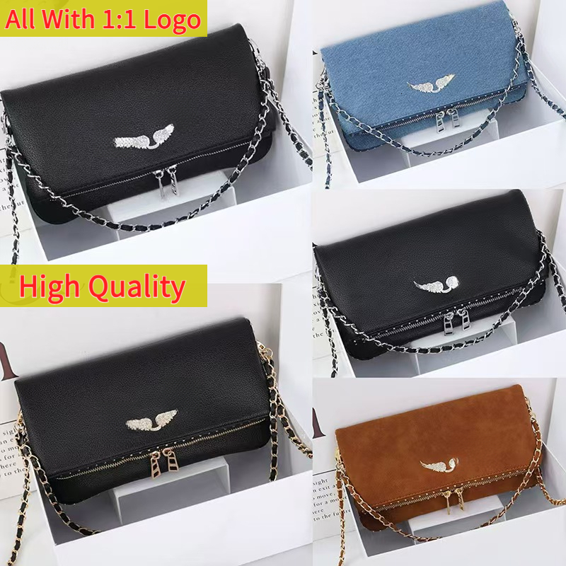 Designer wallet ZV rock clutch bags woman brown suede nail shoulder rockstud bag zadigg handbag double wings black leather purses H quality versatile pochette 113