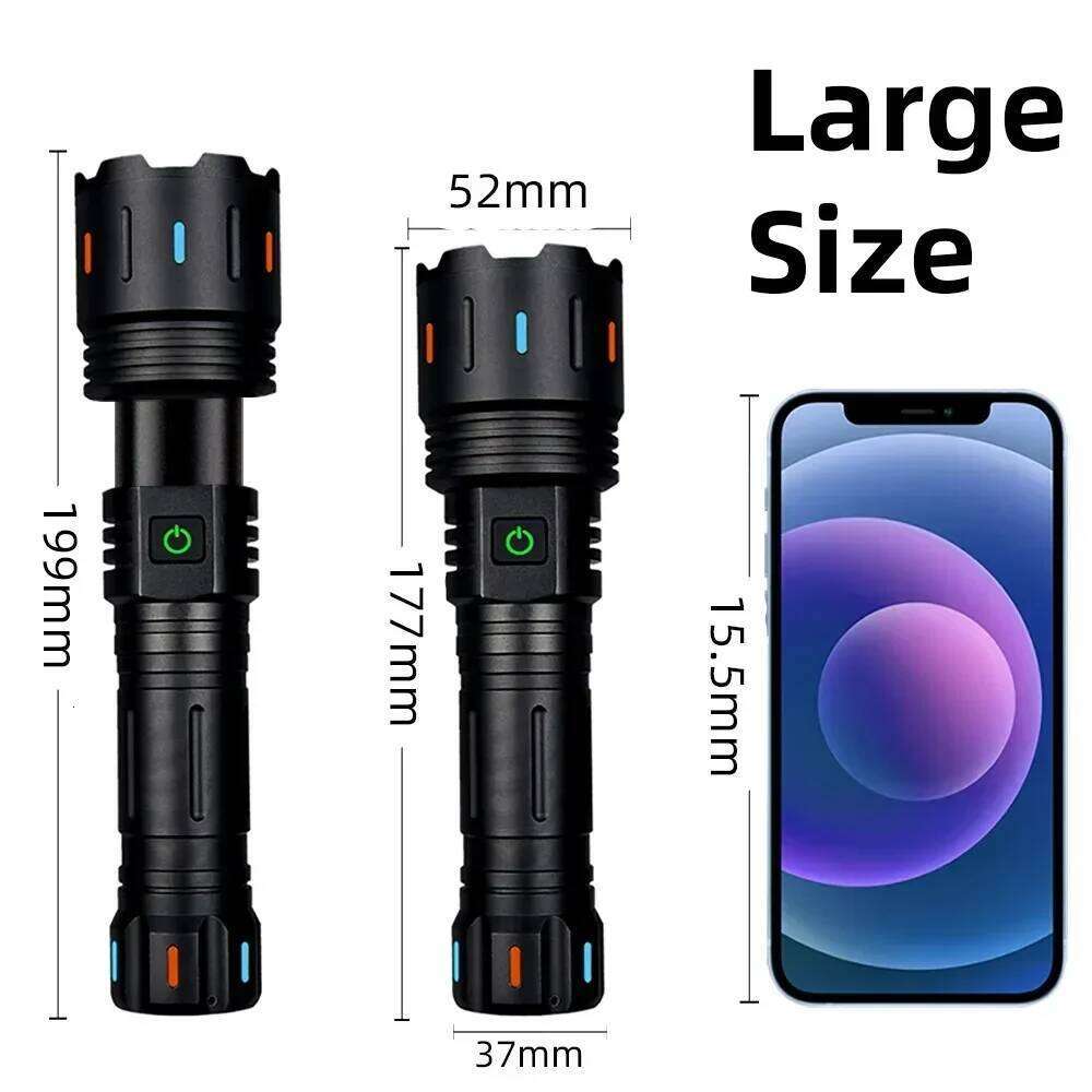 Powerful White Laser LED Flashlight Zoomable Type C Rechargeable Torch Light 5 Lighting Modes for Outdoor Camping Z260301