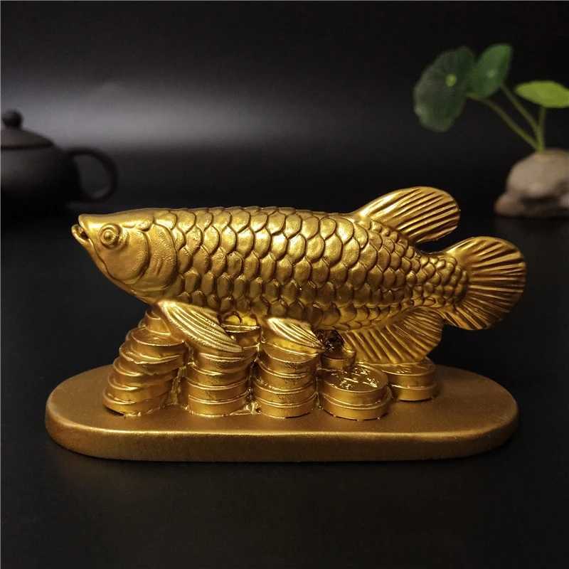 Gold Arowana Fish Statue Chinese Feng Shui Lucky Ornament Resin Craft Home Decoration GiftT260302