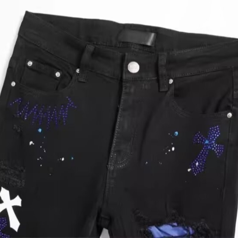 Luxury Designer Clothes High Street Black Cross Rhinestone Distressed Jeans For Men With Skull Print Slim Fit Casual Long Pants Trendy Brand