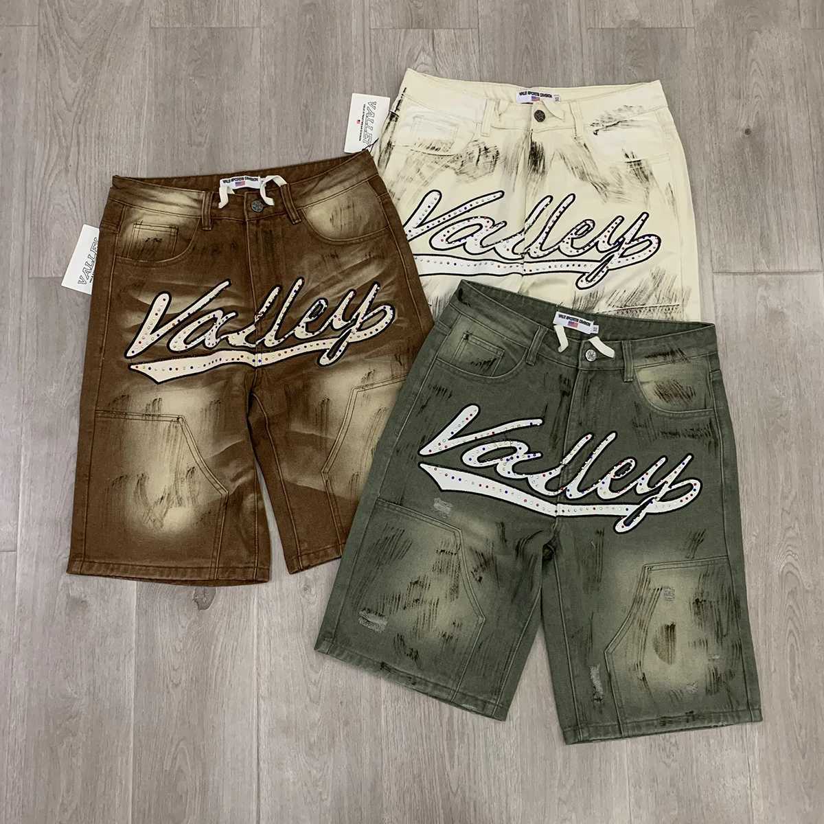 Color Rhinestone Shinning Baggy Jeans Shorts for Men Letter Embroidery Casual Denim Knee Length Pants Oversized Summer Short C260302