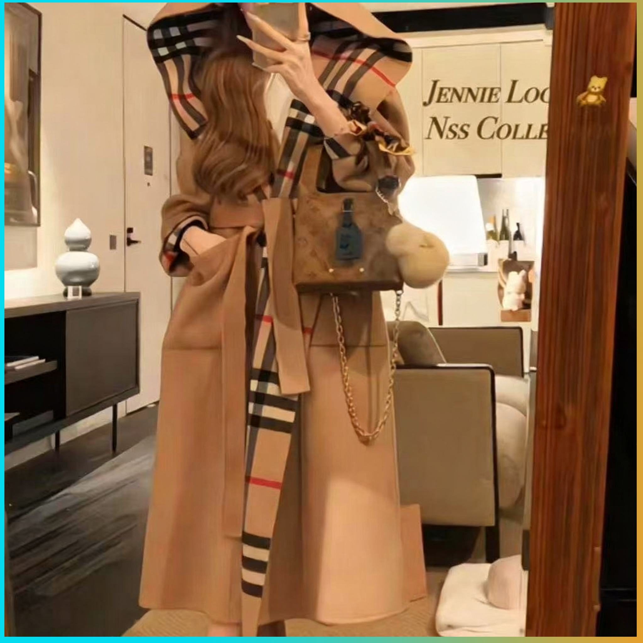 2025ss trench coat hooded overcoat, new autumn and winter loose wool blend woolen coat, women's long check loose double-seam trench coat wool coat women