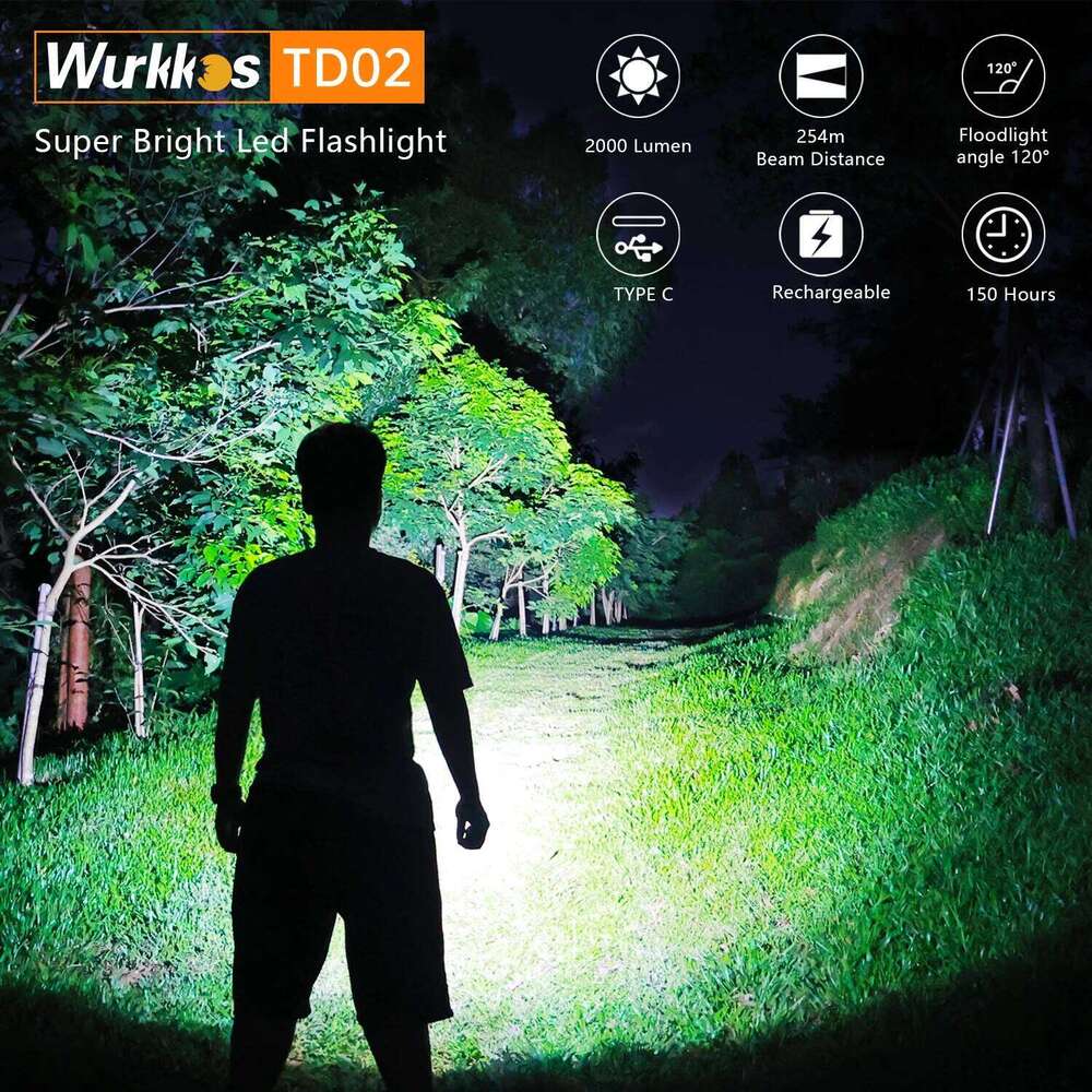 Wurkkos TD02 Tactical Flashlight 2000LM Pocket Torch 18650 Rechargeable EDC Type-C Charging Port Tail Switch IPX8 Waterproof Z260301