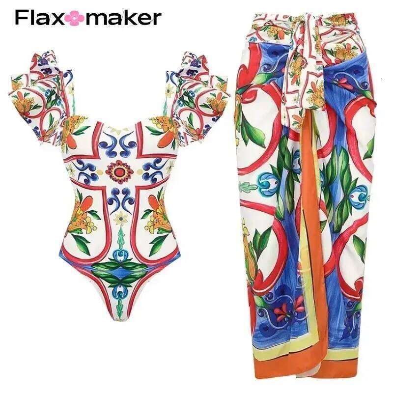 FLAXMAKER Ruffle Shoulder Printed One Piece Vacation Swimwear bikini sets Women Beachwear Bathing Suit Monokini Z260301