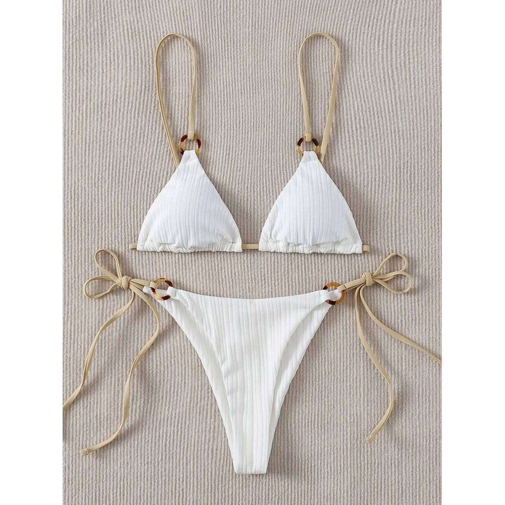 Sexy Rib Texture Triangle String Bikini Set Women Push Up Padded Thong Swimsuit Female Cut Out Bathing Suit Swimwear Biquini Z260301