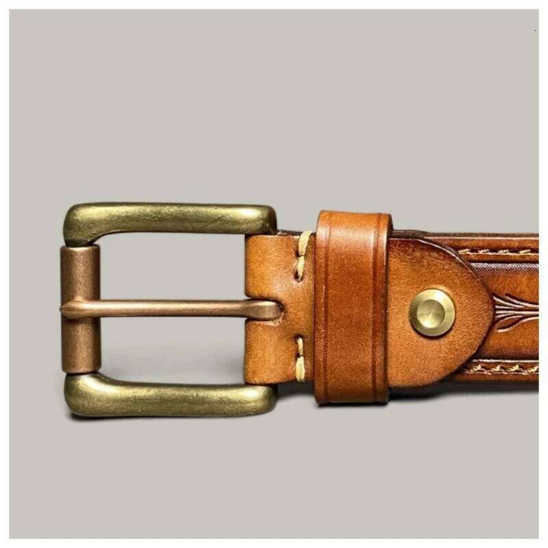 Vintage Luxury Brand Handmade Carved Leather Copper Buckle Man's Cowhide Retro Designer Casual Jeans Army Tactical Belt S260228