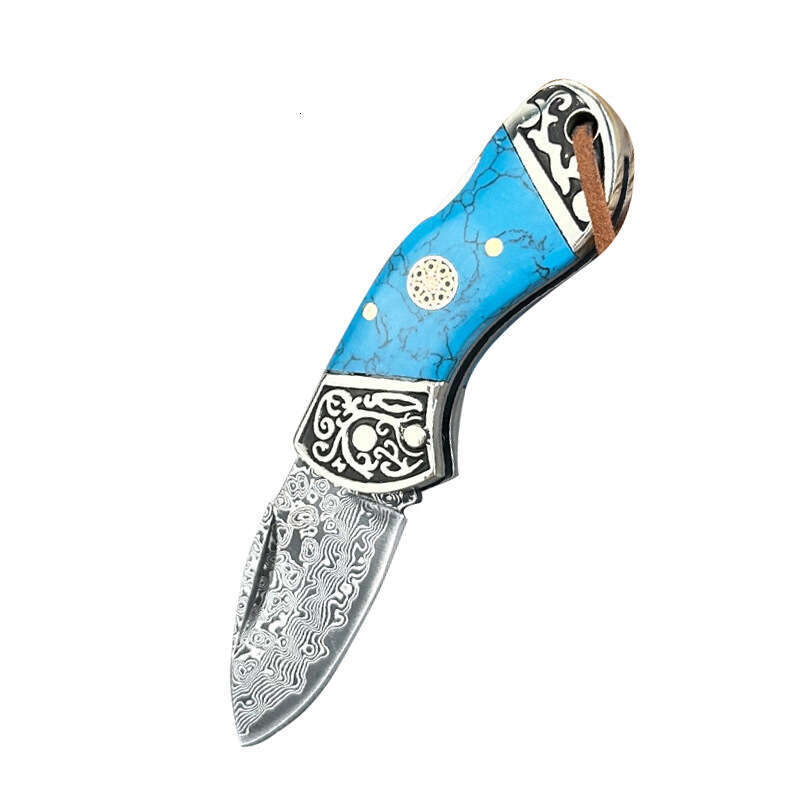 Cross-Border Blue Turquoise Handle Damascus Steel Folding Sharp Fruit Mini Key Knife Pocket Knife Outdoor Equipment