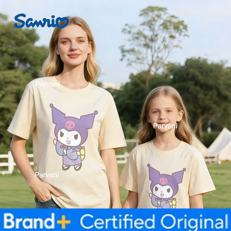 Sanrio 2026 Summer Kuromi Retro High-Quality 100 Cotton Mens T-shirt Oversized Cute Magic Print Top Unisex Family Matching Fashion H260302
