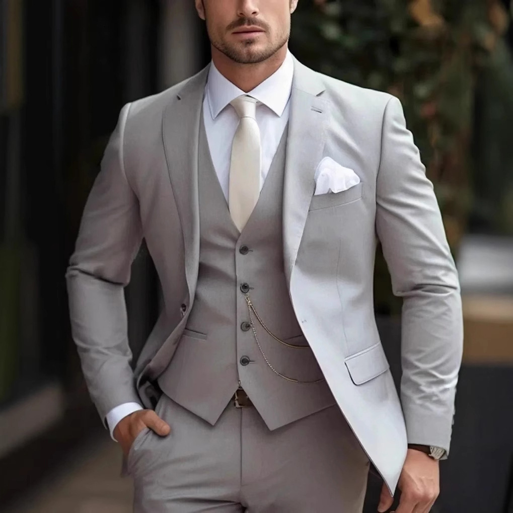 Silver Grey Satin Men Suit Slim Set Formal Wedding Skinny Stylish Male Blazer Party Custom Tuxedo 3 Piece Vestidos Suits for Men 251103