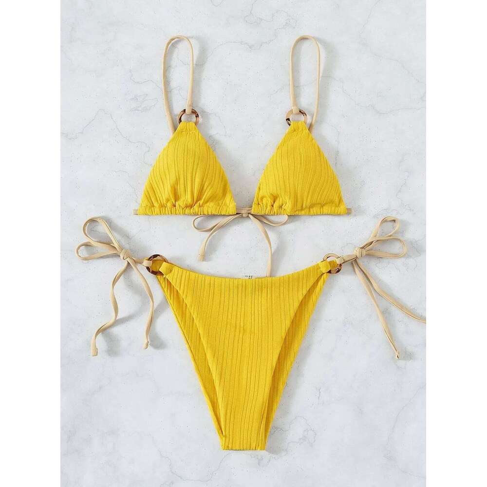 Sexy Rib Texture Triangle String Bikini Set Women Push Up Padded Thong Swimsuit Female Cut Out Bathing Suit Swimwear Biquini Z260301