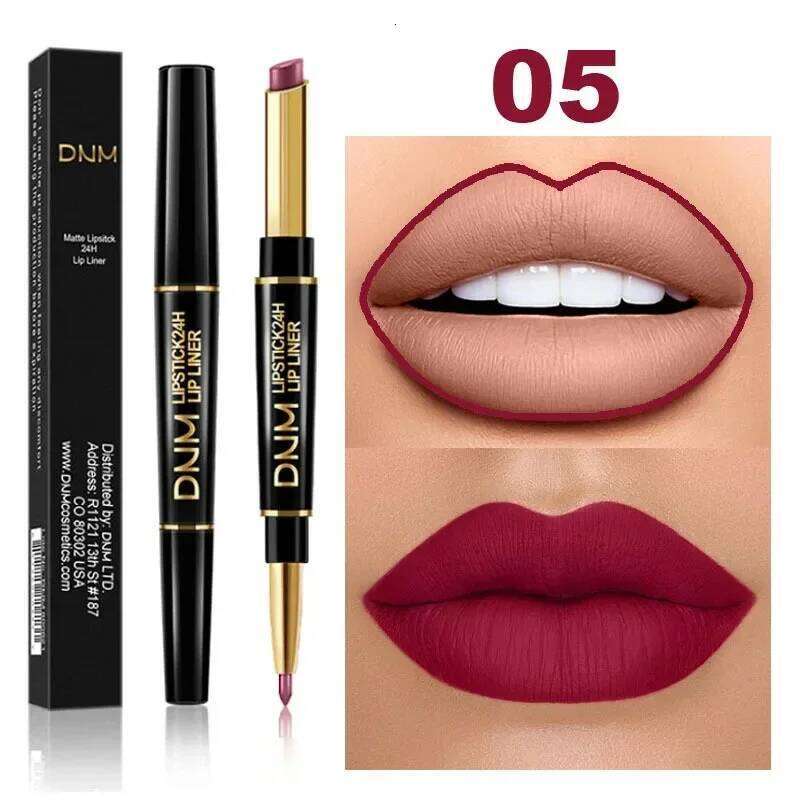 2 In 1 Matte Lipstick Double Ended Liner Pen Red Nude Long Lasting Waterproof Lady Charming Lip Pencil Makeup Tools H260302