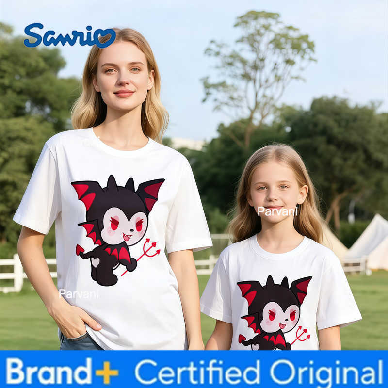 Sanrio 2026 Summer Kuromi Retro High-Quality 100 Cotton Mens T-shirt Oversized Cute Devil Print Top Unisex Family Matching Fashion H260302