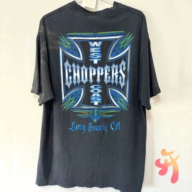 Black Retro Washed Blue Cross Slogan Print West Coast Choppers Tshirts Cotton Loose Hiphop Street Black Short Sves Men Women S26228