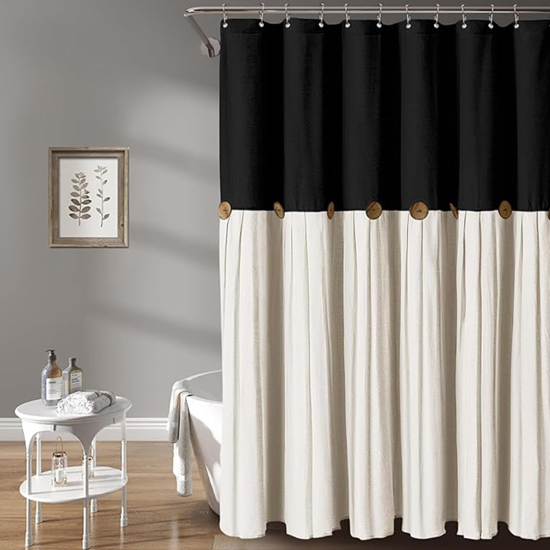 YL-38286 Button-Patchwork Skirted Bathroom Shower Curtain, Cotton Linen Waterproof, Supply of Button Linen Bathroom Curtain