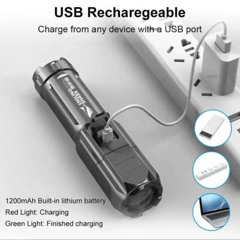 Power LED Flashlight USB Rechargeable Torch Portable Zoomable Camping Light 3 Lighting Modes Use High Strength ABS Material Z260301