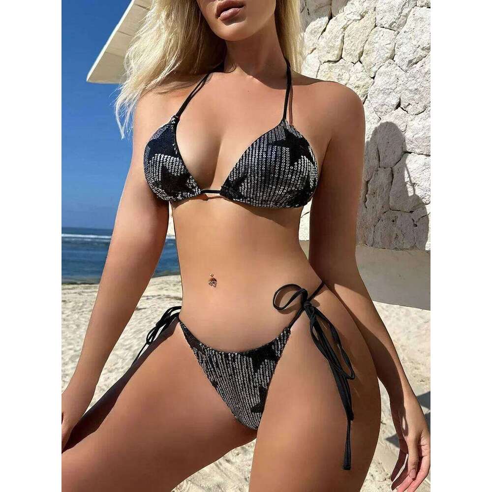 Halter Shiny Star Sequins 2025 Women Swimsuit Female Swimwear Two Pieces Bikini Set Brazilian Bathing Suit Swim Beachwear Z260301