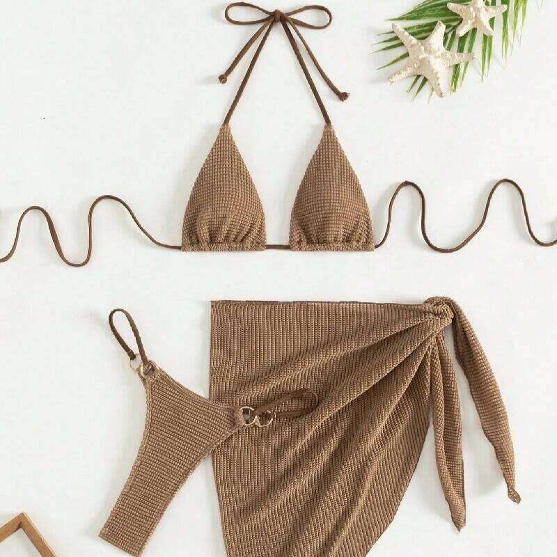 Sexy Bikini Set Women Halter Push Bra Skirt 3 Piece Swimsuit Bathing Suit Cover Up Thong Swimwear Biquini Z260301