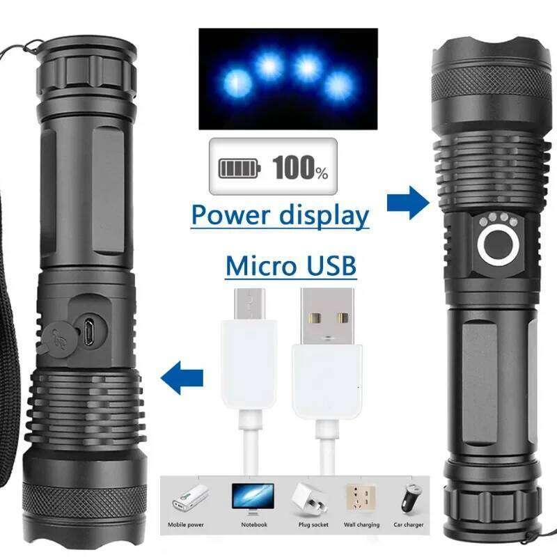 Super Bright LED Flashlight USB Rechargeable with Battery Display Torch Zoomable Suitable for Outdoor Camping Hunting Z260301