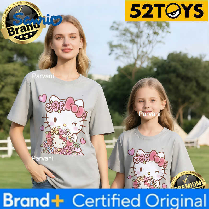 Sanrio 2026 Autumn-Winter Trending Hello Kitty Floral Print 100 Cotton Parent-Child T-Shirts High Quality Loose Casual Breathable H260302