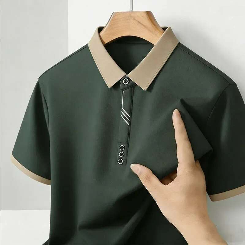 Men's Polo Black Tee Summer T-Shirts Wrinkle-Resistant Short Sleeve with Contrast Trim Premium Office Casual Men's Clothing