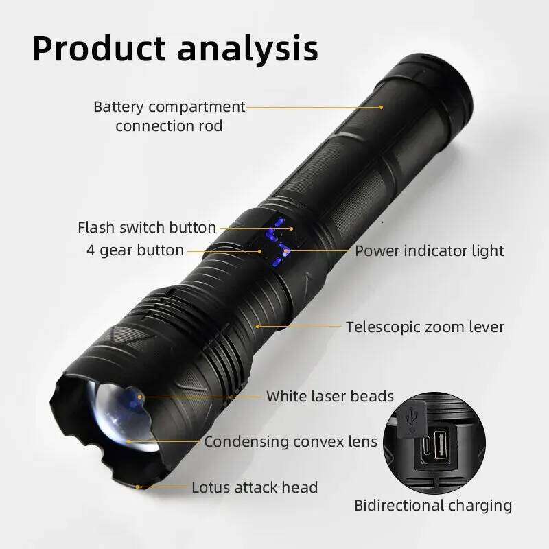 High Power Tactical Rechargeable LED Zoom Flashlight Long Range Very Powerful Lantern USB Charging Lamp Torch with Indicator Z260301