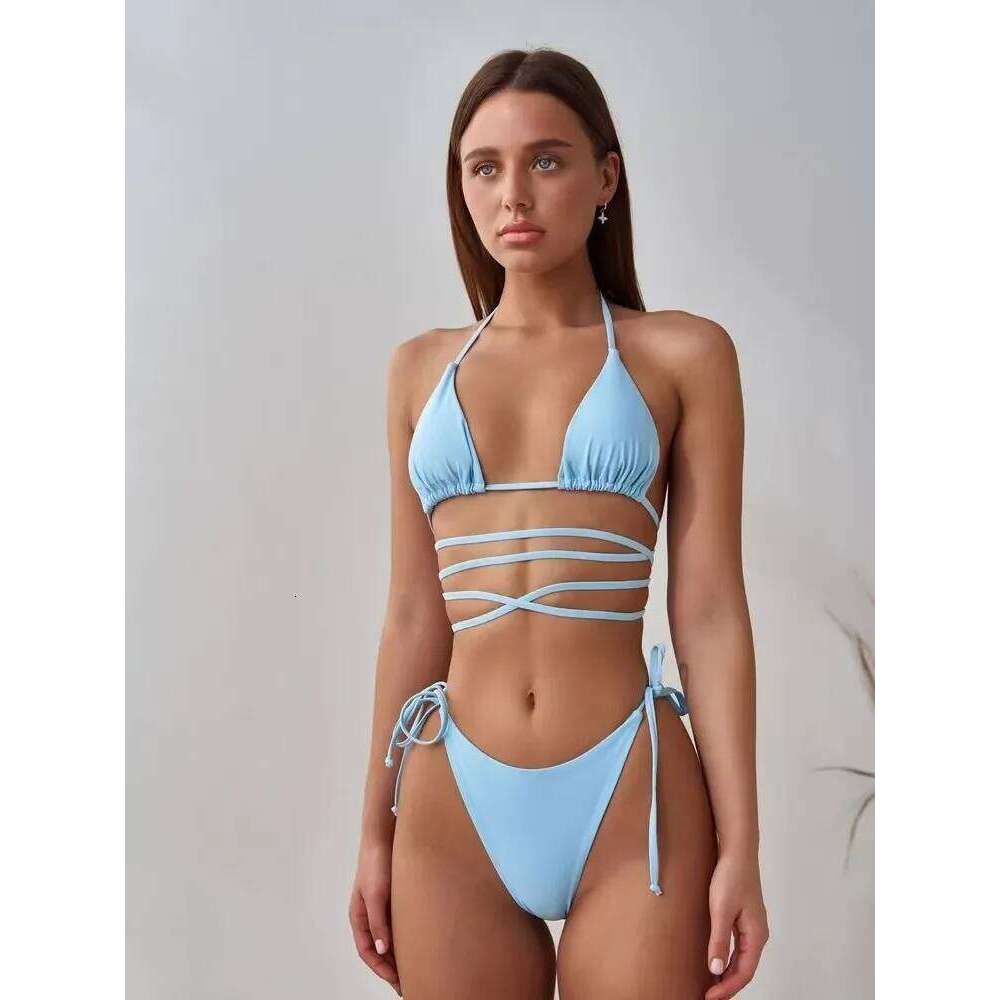 Ins bloggers new size chest gathered lace-up slim three-point thong hot spring split swimsuit female bikini Z260301