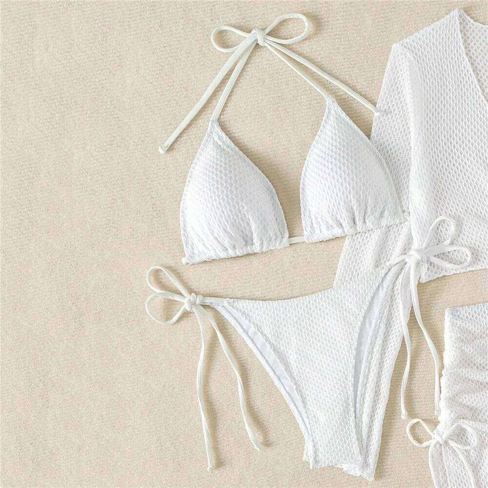 Solid White Mesh Cover Up 4 Piece Bikinis Set Swimwear Sexy Swimsuit Women Bather Halter String Triangle Micro Bikini Thong 2025 Z260301