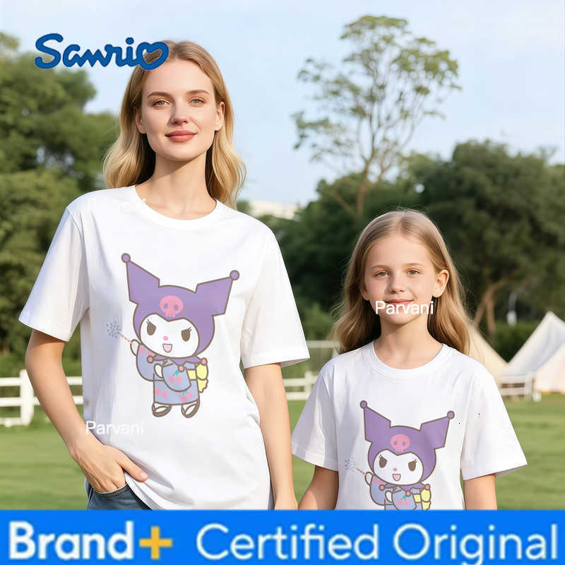 Sanrio 2026 Summer Kuromi Retro High-Quality 100 Cotton Mens T-shirt Oversized Cute Magic Print Top Unisex Family Matching Fashion H260302