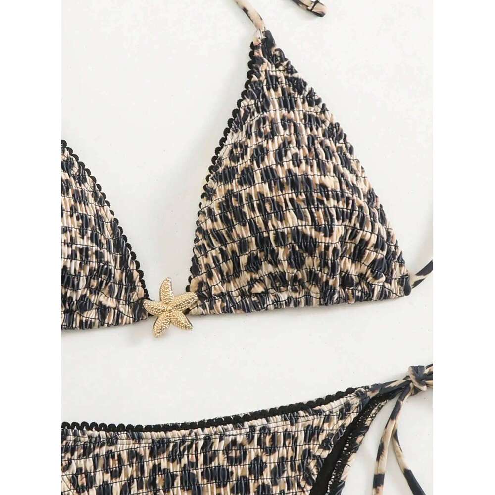 Summer fashion leopard print pleated metal jewelry halterneck string bikini set, suitable for vacations, festivals, beach Z260301