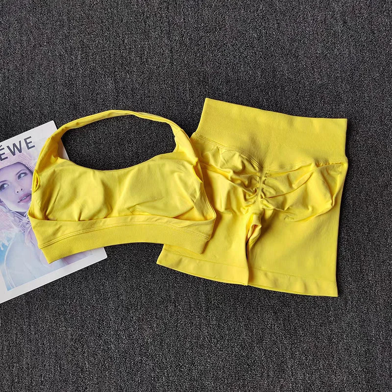 2 Pieces Yoga Suit for Women Seamless Fitness Gym Clothes Halter Sports Bra Matching Impact Shorts Workout Sets Gym Set Outfit 260206