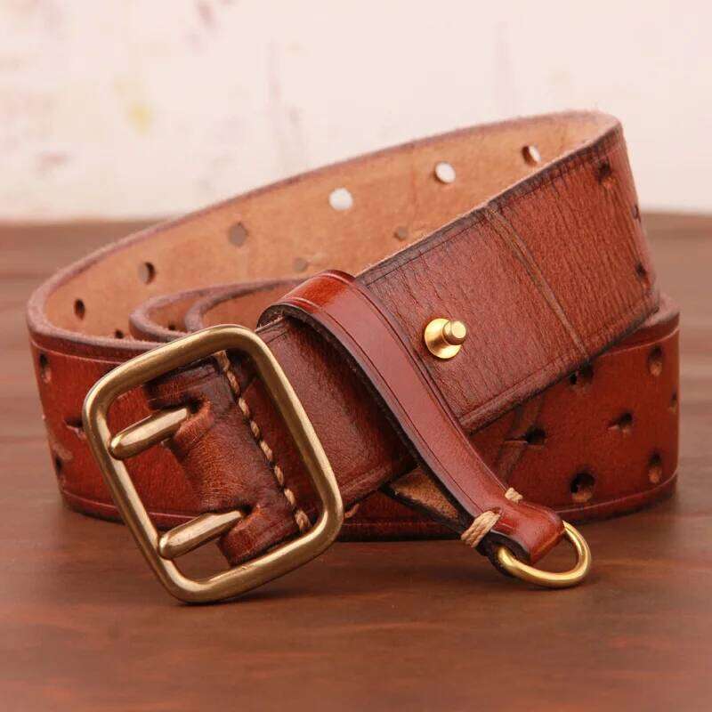 Double-pin Copper Buckle Luxury Fashion Belt Retro First Layer Pure Cowhide Jeans with Genuine Leather Stylish Men's Belts S260228