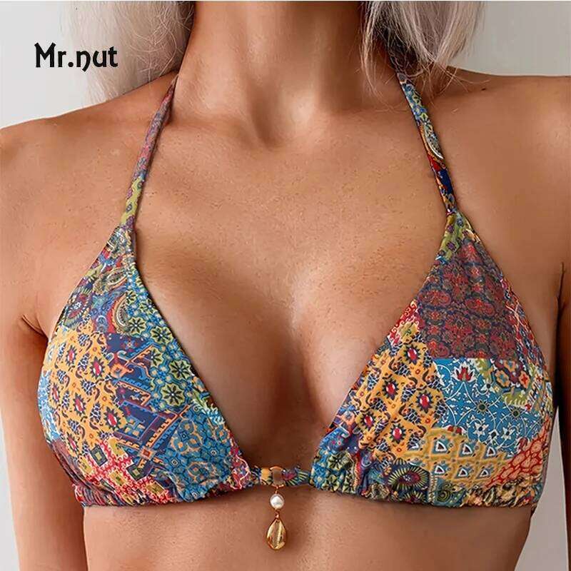 Mr. Nut 2025 New Neck Print Lace Up Split Women Sexy Beach Leak Back Swimsuit Bikini Z260301