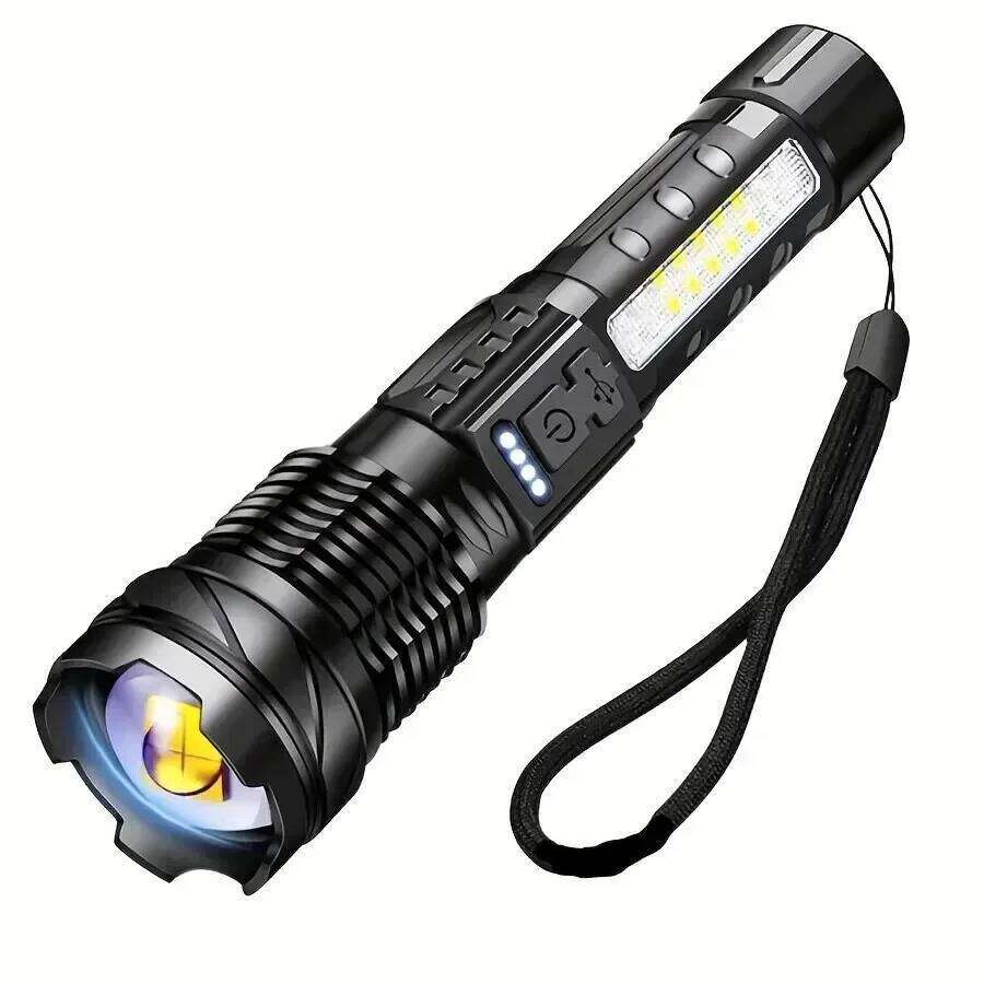1pc Super Powerful Rechargeable Torch Flood With Side Light For Outdoor Camping, Fishing, Hunting, Climbing, Adventure Eme Z260301