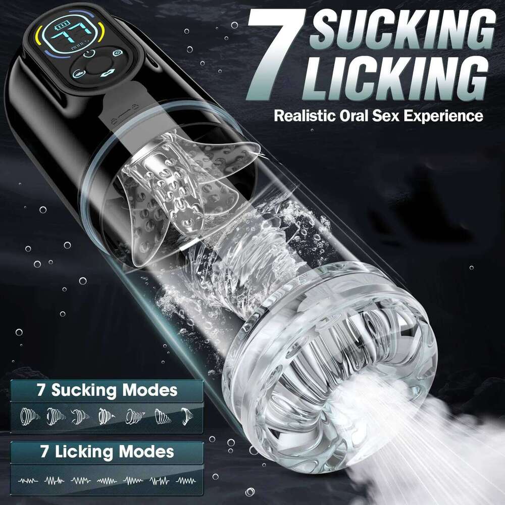 New LCD Automatic Male Mastubator Penis Pump With 7 Vibrating Rotating Thrusting & Licking Modes Pocket Pussy Sex Toys for Men C260302