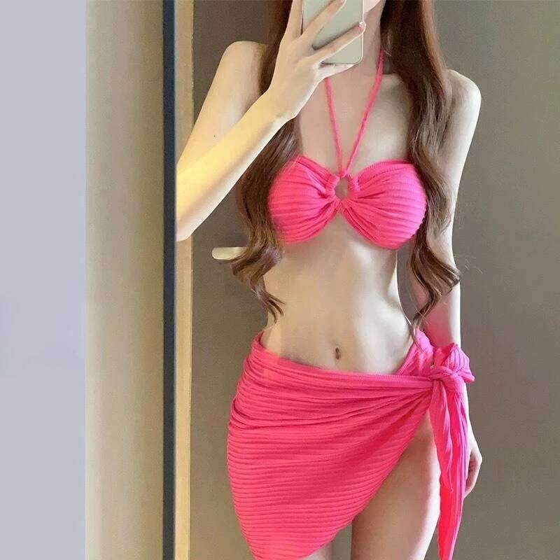 Rose Pink Bikini Set 3 Piece Triangle Design Luxury Swimwear Sexy Beach Hot Spring Vacation Swimsuits Z260301