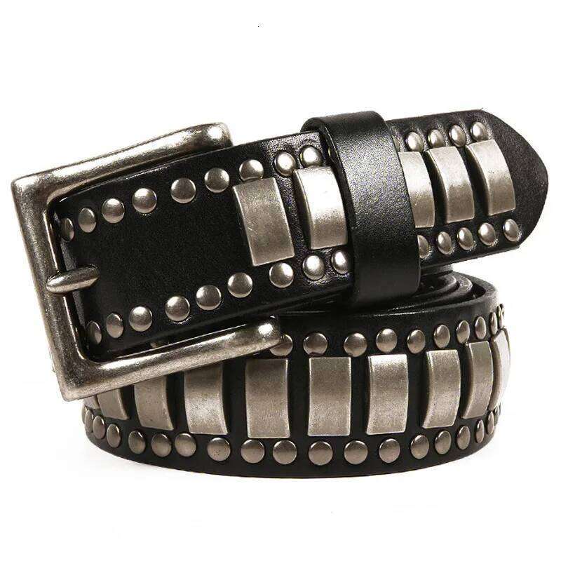 Punk Rock Geometry Pattern for Men Male Rivet Studded First Layer of Cowskin Hip Pop Decorative Belts For Jeans S260228