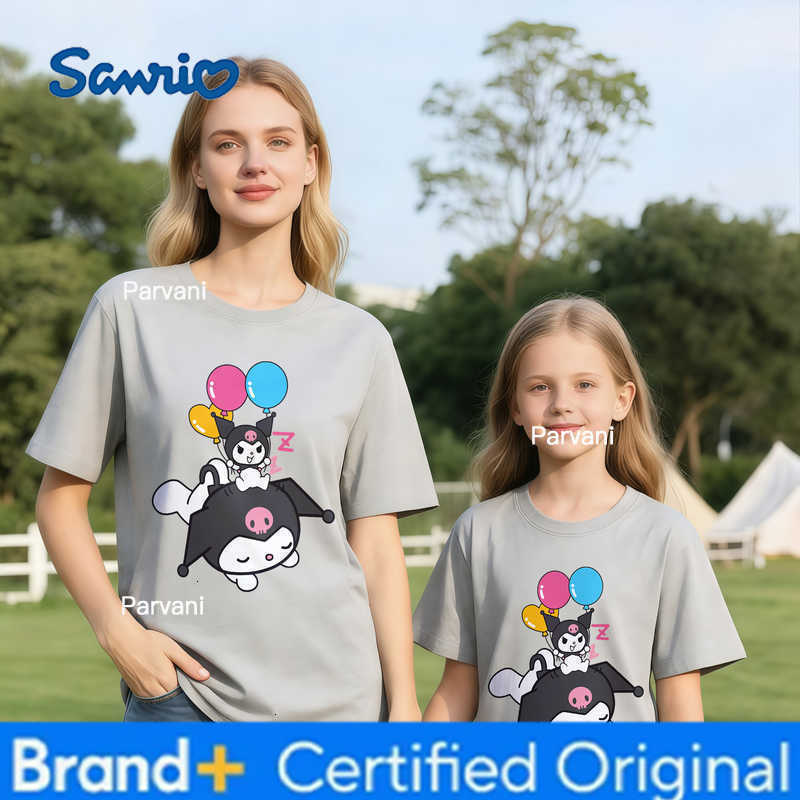 Sanrio 2026 Summer Kuromi Retro High-Quality 100 Cotton Mens T-shirt Oversized Cute Balloon Print Top Unisex Family Matching Y2K H260302