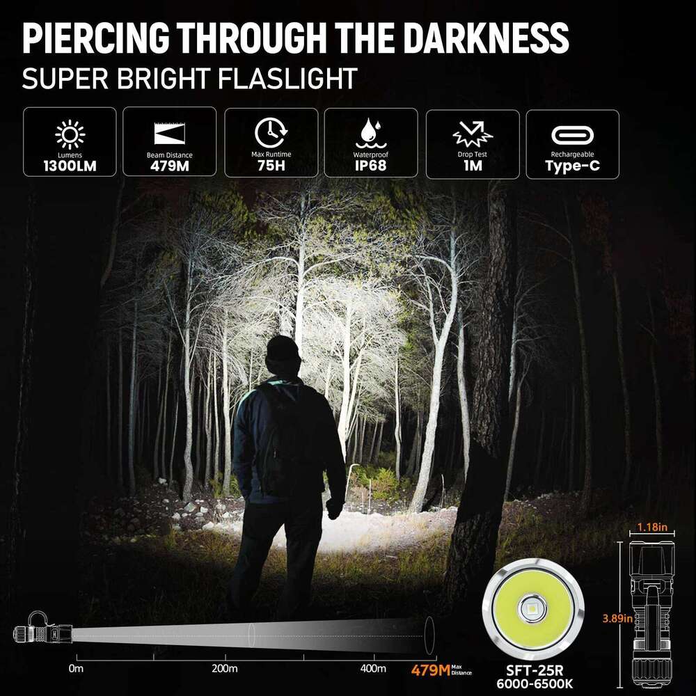 Wurkkos TD07 18350 Tactical Flashlight 1300LM 479M Long Range Rechargeable Lamp IP68 Mini Torch with Finger Ring Dual Switches Z260301