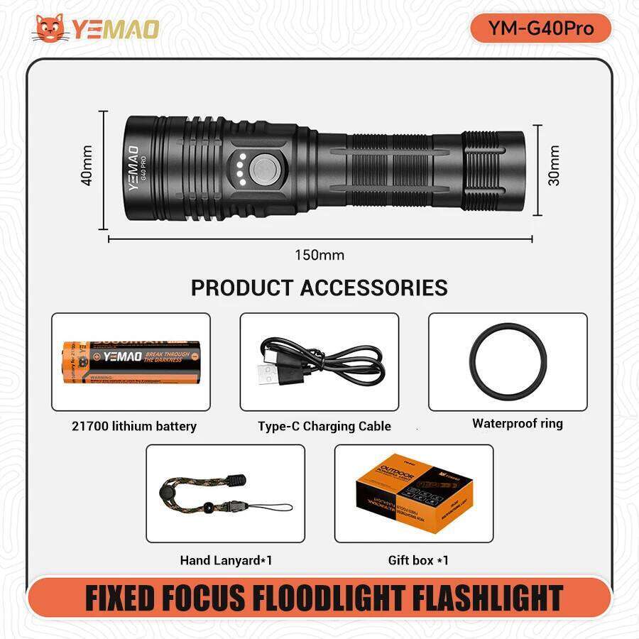 YEMAO G40 2000lm Flashlight USB C Rechargeable SST40 LED 217000 Torch Portable Powerful Bright Flashlights with Power Indicator Z260301
