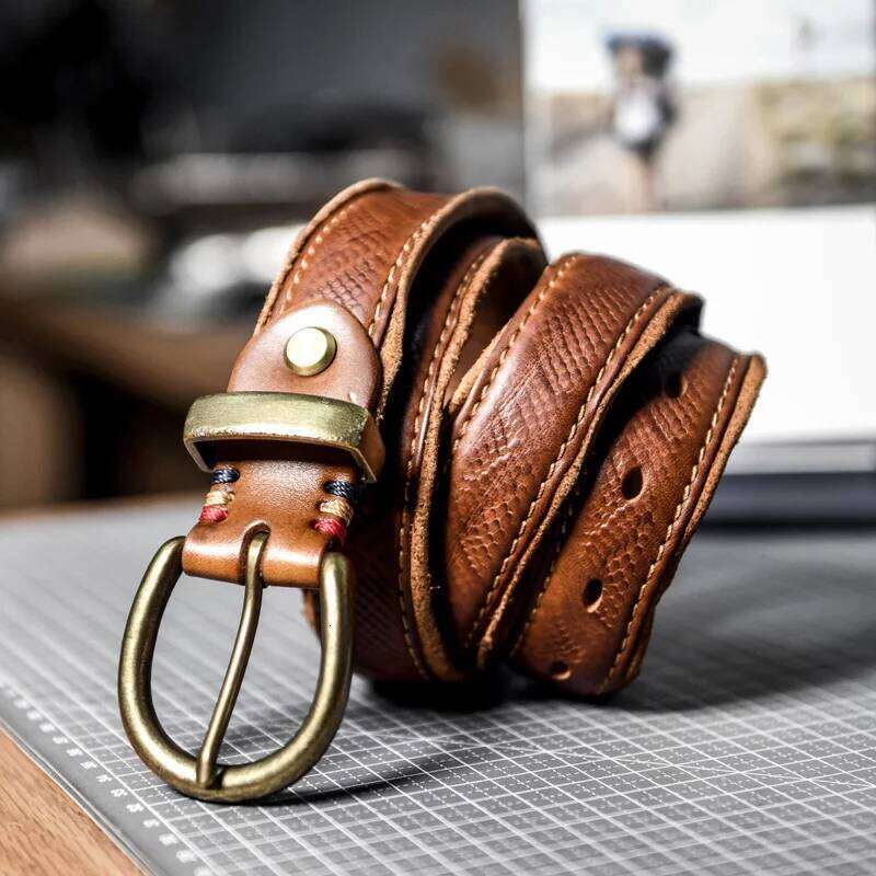 Brass Pin Buckle Retro Leather Personality Natural cowhide Fold Men's Jeans Luxury Trend Designer Belt S260228