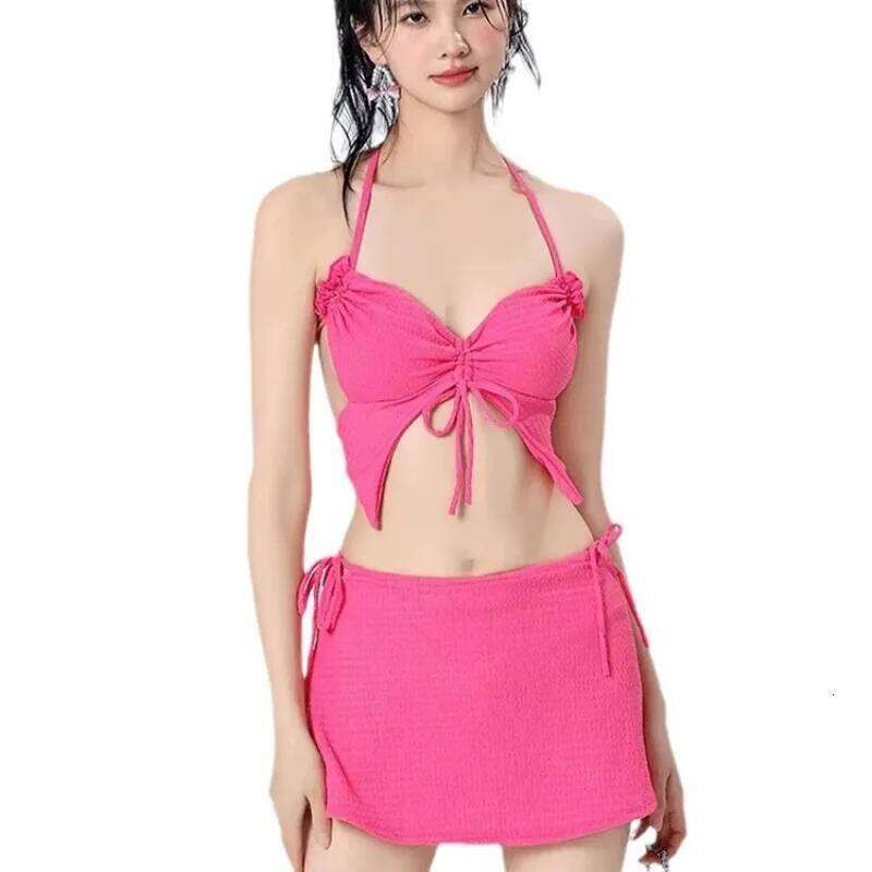 Vacation Beach Ins Rose Red Bikini Three Piece Women's Small Chest Internet Famous Swimsuit Butterfly Sexy Spicy Girl Z260301