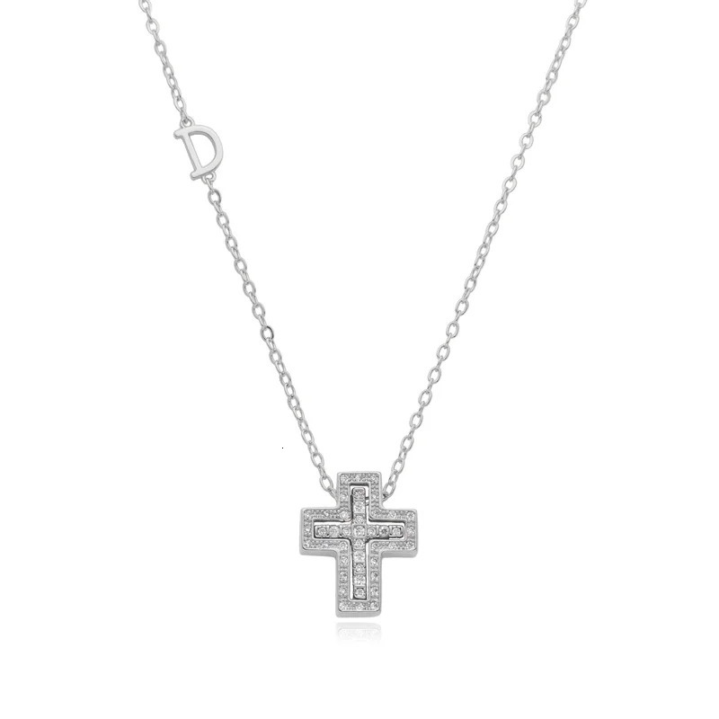 Chic D Letter Stainless Steel Cross Necklace Full Zircon Pendant for Women Couple Jewelry Gold Plated Removable Chain 260228