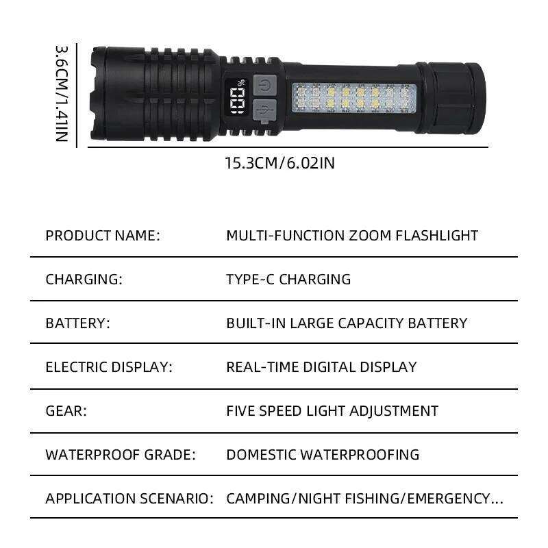 High Power LED Flashlight Portable Zoom Torch Type-C Rechargeable Waterproof Light with COB Side Lamp for Outdoor Camping Hiking Z260301