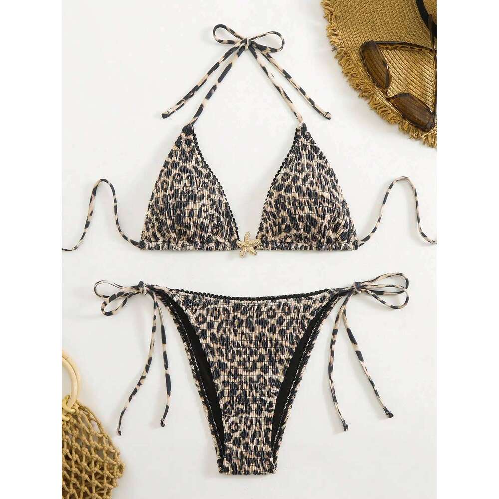 Summer fashion leopard print pleated metal jewelry halterneck string bikini set, suitable for vacations, festivals, beach Z260301