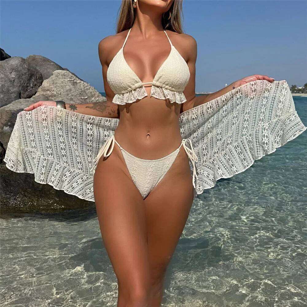 Halter String Triangle 3 Piece Bikini Set Beige Lace Mesh Sexy Swimsuit Women 2026 Cover Up Swimwear Bathing Suit Bikinis Dames Z260301