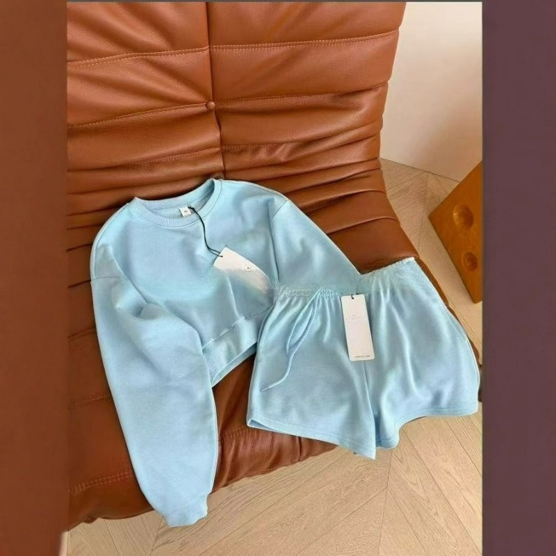 New Solid-color Spring and Summer Round-neck Sport Sweatshirt, Shorts and Casual Set with Drawstring