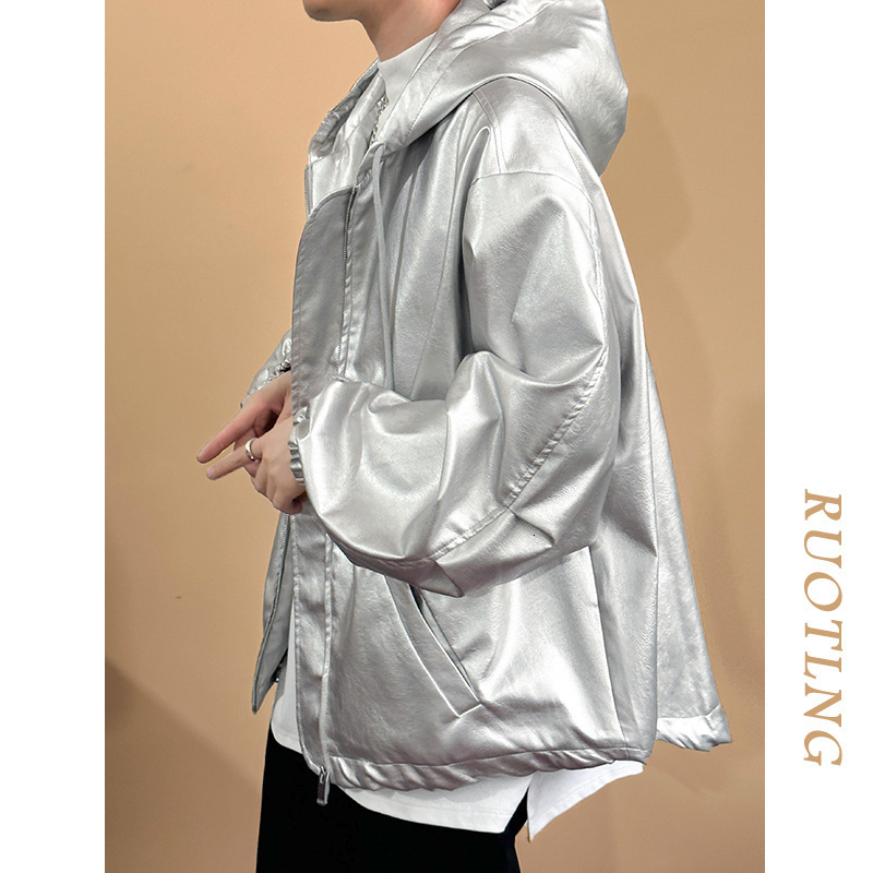 Mauroicardi Autumn Ultra Thin Waterproof Silver Pu Leather Jacket Mens Hooded Zipper Y2K Street Clothing 241112