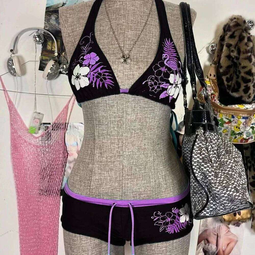 Y2K Vintage Floral Bikini Set Women 2025 Halter Triangle Tie-Back Thong High-Cut Swimwear Backless Two-Piece Beach Bathing Suit Z260301