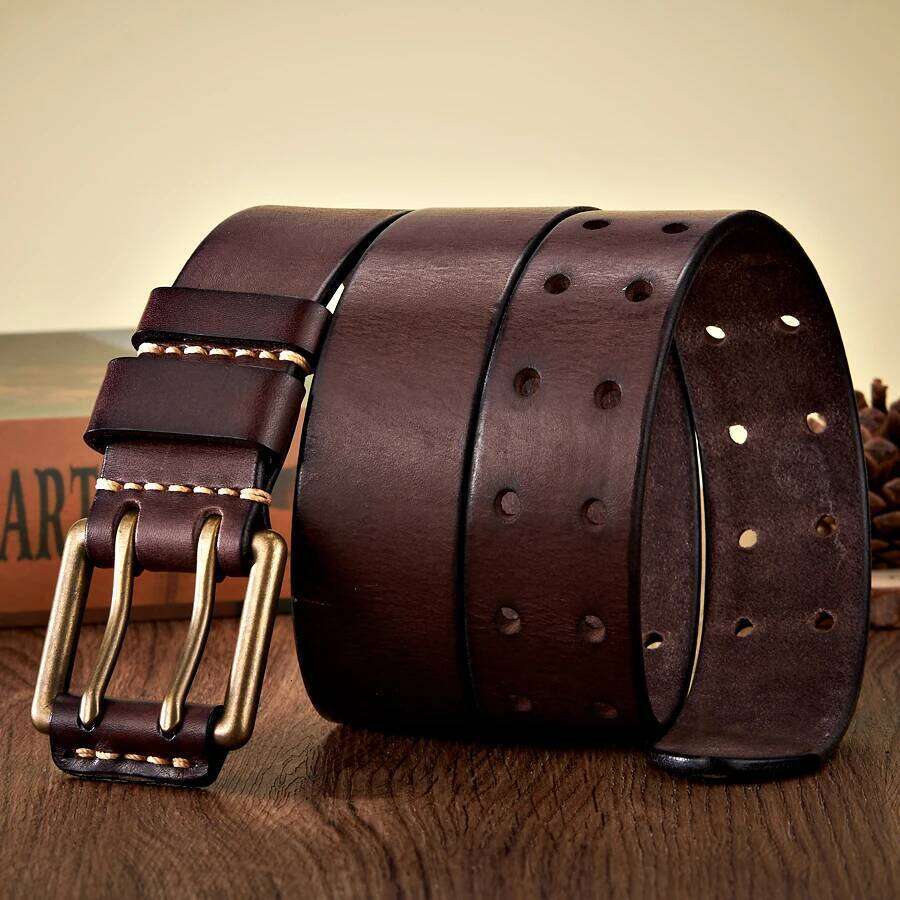 3.8cm Wide Retro Vintage Men's Cowhide Genuine Leather Copper Double Needle Buckle Handmade Cowboy Jeans Belt S260228